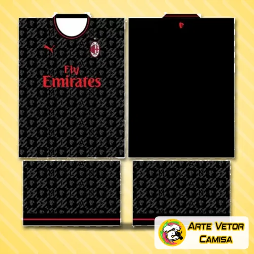 Imagem da camisa com logo no peito e estampa grande nas costas mostrando design moderno e cores vibrantes da inspiração AC Milan 2024 destacando detalhes marcantes e estilo esportivo