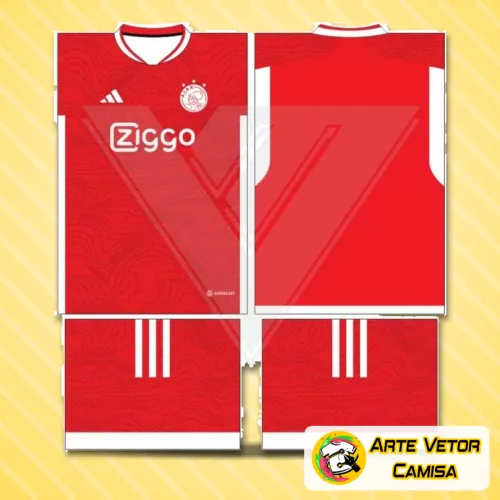 Imagem de camisa Ajax com logo no peito destacado e uma estampa grande e vibrante nas costas, exibindo detalhes que remetem à tradição do time.