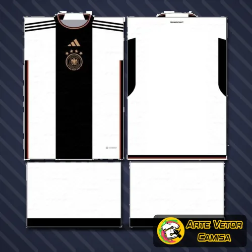 Camisa final da Alemanha com logo no peito em destaque e uma estampa grande nas costas exibindo as cores e símbolos icônicos do país, perfeita para torcer com estilo e identidade.