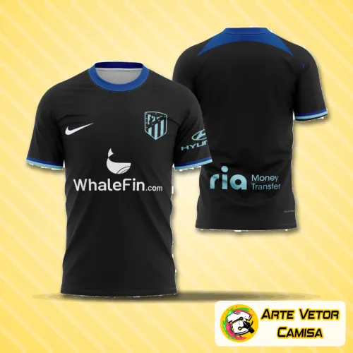 Camisa do Atlético de Madrid com logo no peito e estampa grande nas costas em destaque, nas cores tradicionais da equipe, exibindo detalhes modernos e acabamento de alta qualidade.