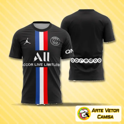 Camisa do PSG com logo no peito em destaque e estampa grande nas costas exibindo design inovador e cores vibrantes, ideal para os fãs do time na temporada 2019-20.