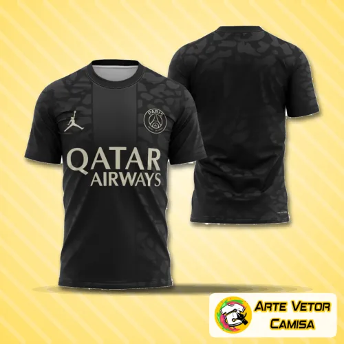 Visual frontal da camisa com logo no peito em destaque e estampa grande nas costas apresentando design moderno e vibrante, perfeito para fãs do PSG que buscam estilo e personalidade.