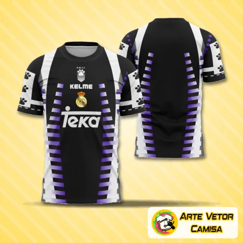 Foto da camisa alternativa do Real Madrid 1997-1998 com logo no peito e estampa grande nas costas, destacando as cores clássicas e design retrô marcante da temporada histórica.