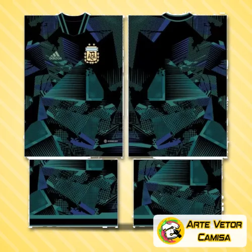 Foto de uma camisa com logo no peito e estampa grande nas costas, destacando cores vibrantes e design moderno inspirado na seleção Argentina, perfeita para quem aprecia futebol com estilo autêntico.