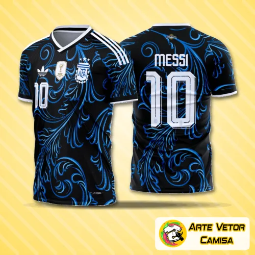 Foto da camisa Argentina com o logo no peito e uma estampa grande nas costas, destacando detalhes marcantes com cores vibrantes que remetem à seleção nacional, ideal para quem admira o futebol argentino.