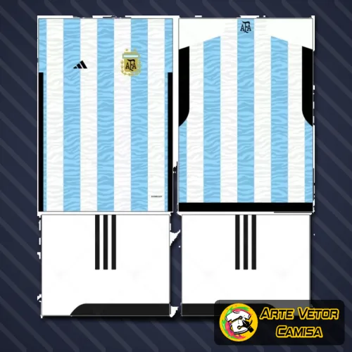 Imagem de camisa argentina com logo no peito e estampa grande nas costas, exibindo design clássico e moderno em tons de azul e branco característicos, perfeita para fãs do futebol e amantes da cultura argentina.