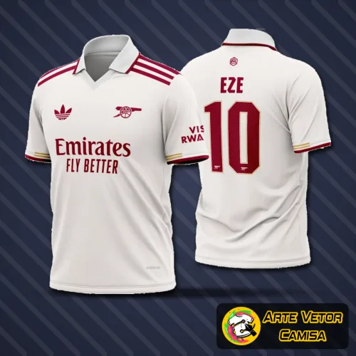 Camisa do Arsenal destaque com logo no peito e estampa grande nas costas em design inovador e moderno, com cores vibrantes e detalhes que ressaltam a identidade do time no estilo único 3ª edição 2025-26.