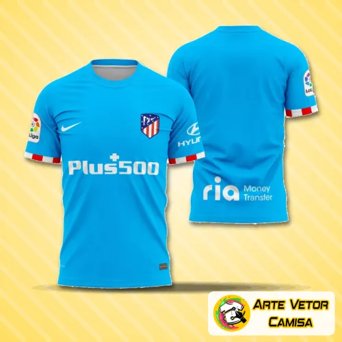 Camisa Atlético De Madrid com logo no peito e estampa grande nas costas, em tons vibrantes que destacam o design alternativo da temporada 2021-2022.
