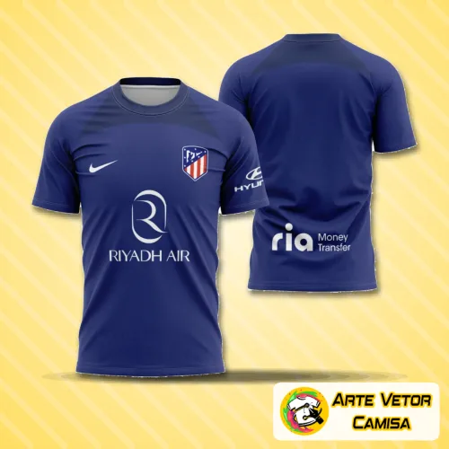 Camisa final do Atlético De Madrid com logo no peito e estampa grande nas costas, destacando detalhes exclusivos e design moderno para torcida apaixonada