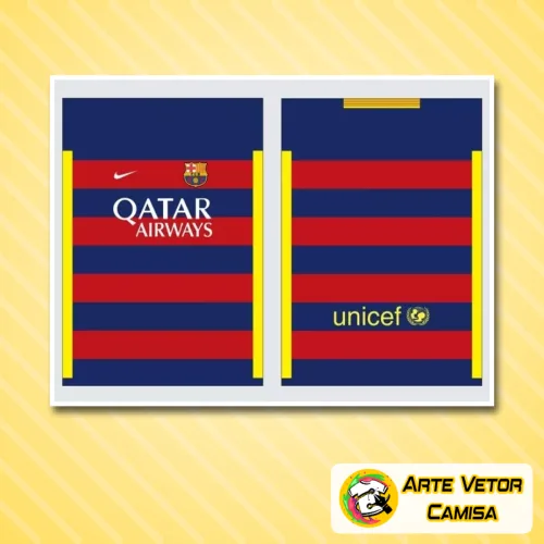 Camisa com logo no peito e estampa grande nas costas, destacando as cores vibrantes e design inspirado na equipe Barcelona, perfeita para fãs apaixonados que querem estilo marcante
