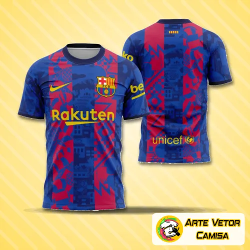 Camisa com logo no peito e estampa grande nas costas destacando o design vibrante do Barcelona campeão local da temporada 2021-2022.