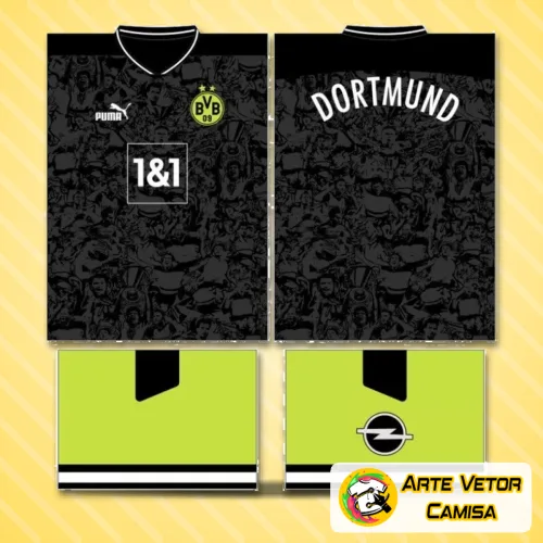Imagem da camisa com o logo no peito e uma estampa grande nas costas, destacando as cores e design únicos do Borussia Dortmund em estilo moderno e arrojado.