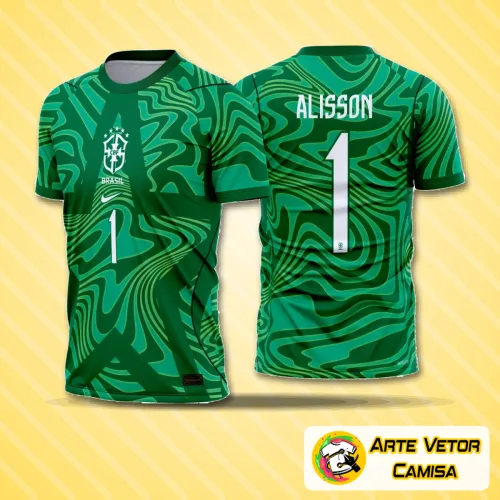 Camisa de goleiro Brasil com logo no peito bem destacado e estampa grande nas costas exibindo design inspirado na seleção para o período 2026-2028, cores vibrantes e detalhes finos que ressaltam a identidade do time.