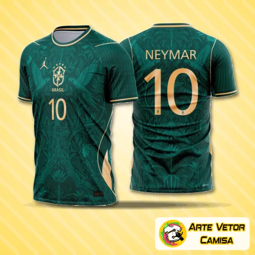 Camisa final com logo no peito destacando o símbolo Brasil e uma estampa grande nas costas em tons de verde que remetem à natureza e união