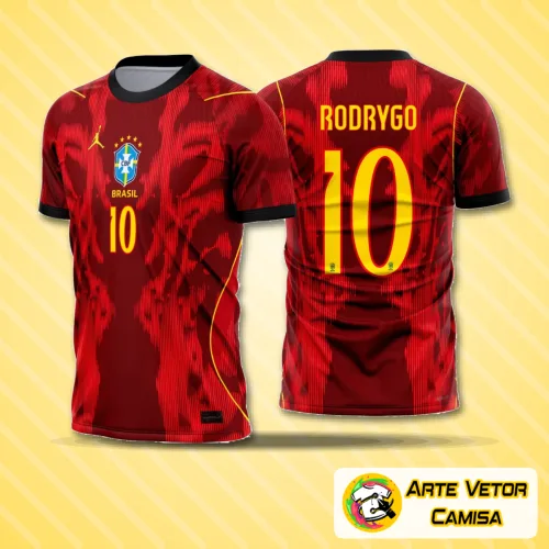 Foto da camisa vermelha Brasil com logo no peito e estampa grande nas costas em tons vibrantes, destacando detalhes modernos e estilo esportivo.