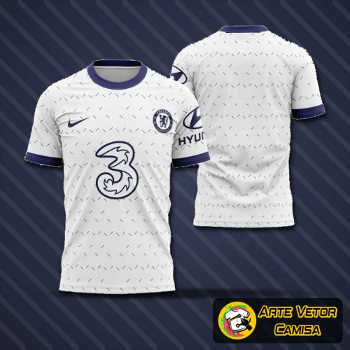 Camisa do Chelsea com logo no peito e estampa grande nas costas, destacando design moderno da temporada 2020-2021 em cores vibrantes e detalhes marcantes
