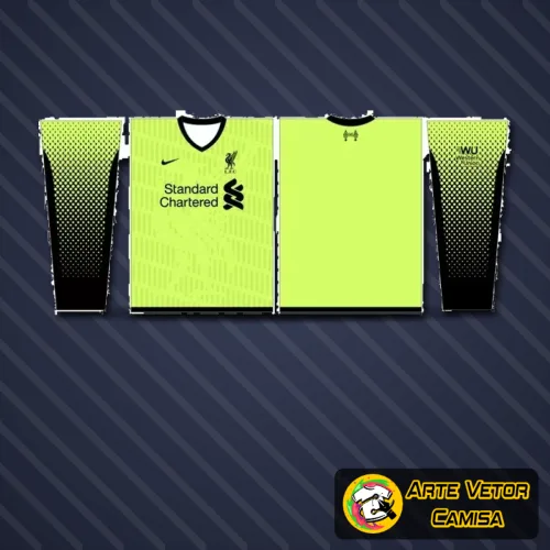 Camisa do Liverpool com logo no peito e estampa grande nas costas, com detalhes em vermelho vibrante e branco, mostrando o estilo clássico e marcante do time inglês em uma camisa cheia de personalidade.