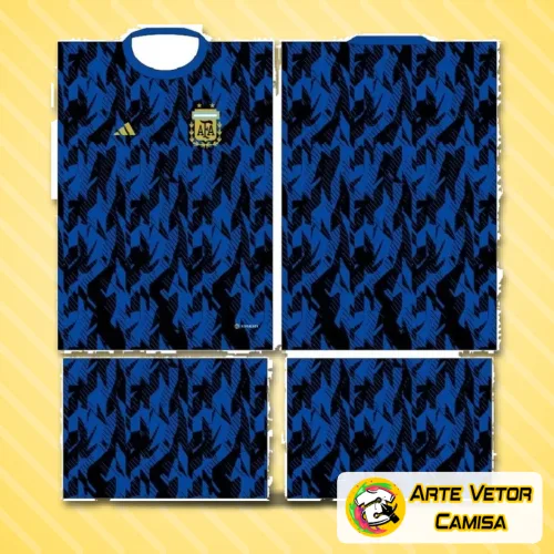 Imagem da camisa com logo no peito e estampa grande nas costas, inspirada na seleção argentina, destacando seu design moderno e acabamento detalhado.