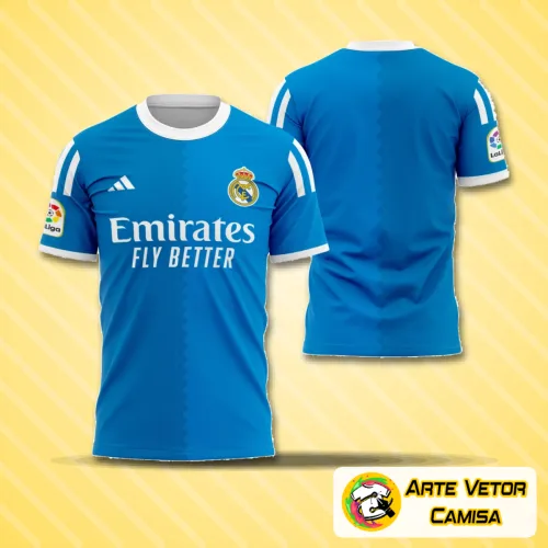 Camisa com logo do Real Madrid no peito e estampa grande nas costas em design moderno e vibrante, destacando-se pelo contraste entre branco e detalhes marcantes que representam a essência do clube.