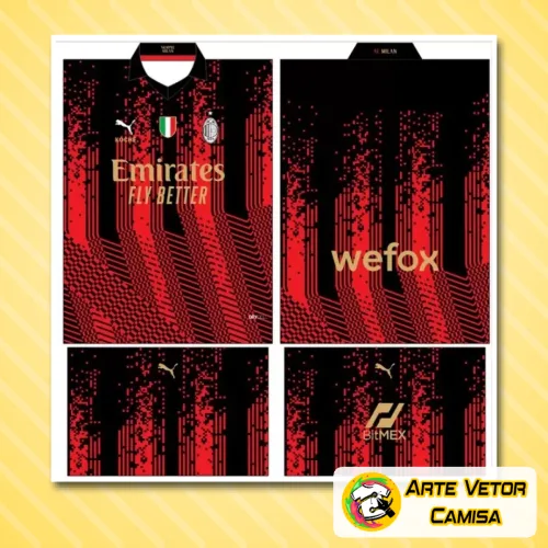 Camisa com logo no peito e estampa grande nas costas, exibindo design moderno e cores vibrantes que remetem à identidade do AC Milan em 2024, perfeita para quem valoriza estilo e autenticidade.