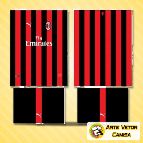 Camisa com logo no peito do AC Milan em destaque e estampa grande nas costas mostrando design moderno e vibrante, perfeita para fãs do clube que valorizam estilo e identificação visual.