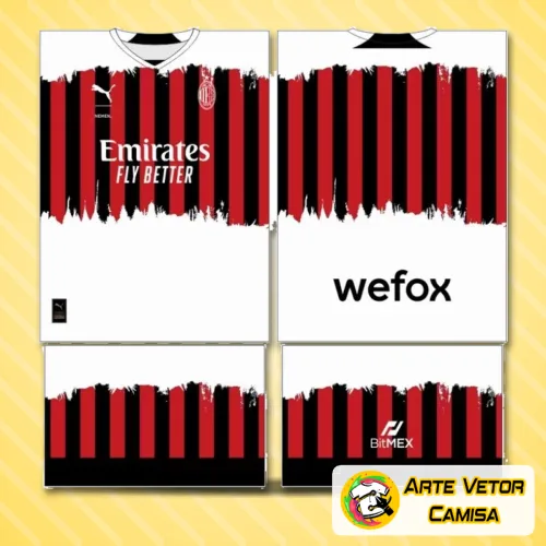 Camisa do AC Milan com logo no peito e estampa grande nas costas, exibindo design moderno com detalhes em vermelho e preto, inspirado no estilo do time para 2024.