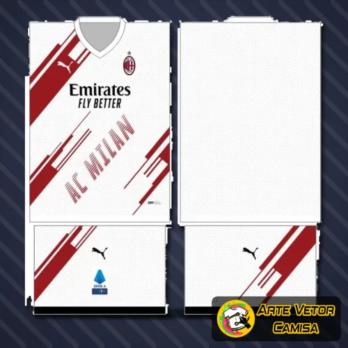 Imagem mostrando a camisa com logo no peito e uma estampa grande nas costas, destacando um design moderno e elegante em preto e vermelho, representando a paixão pelo AC Milan.