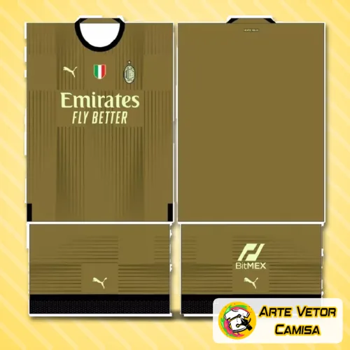 Camisa de futebol com logo no peito do AC Milan e estampa grande nas costas em design moderno e elegante, com cores tradicionais em destaque.