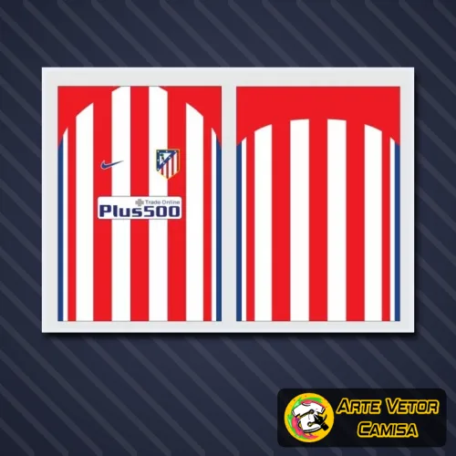 Imagem da camisa Atlético de Madrid com logo no peito e estampa grande nas costas mostrando design exclusivo em cores vibrantes 2024, destacando detalhes modernos e estilo marcante para fãs do time.