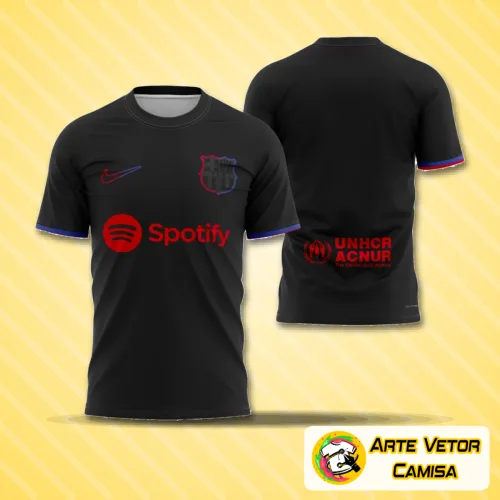 Camisa com logo no peito e estampa grande nas costas exibindo design inspirado na cidade de Barcelona para 2024, combinando estilo moderno e urbano com cores vibrantes e detalhes marcantes.