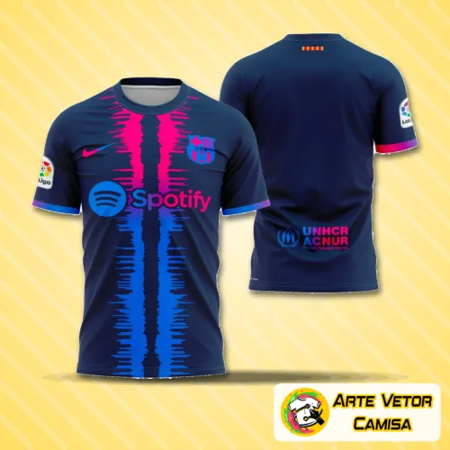 Foto da camisa com logo no peito e estampa grande nas costas exibindo um design moderno inspirado em Barcelona 2023, com cores vibrantes e traços detalhados que chamam atenção e expressam estilo único.