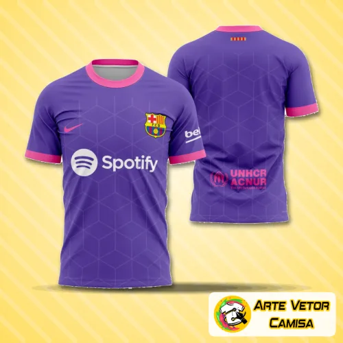 Camisa com logo no peito e estampa grande nas costas, destacando um design moderno e urbano inspirado na energia de Barcelona em 2023, com cores vibrantes e detalhes exclusivos.
