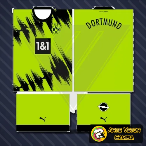 Camisa na cor preta com logo no peito e estampa grande nas costas mostrando acabamento moderno e design inovador inspirado no Borussia Dortmund