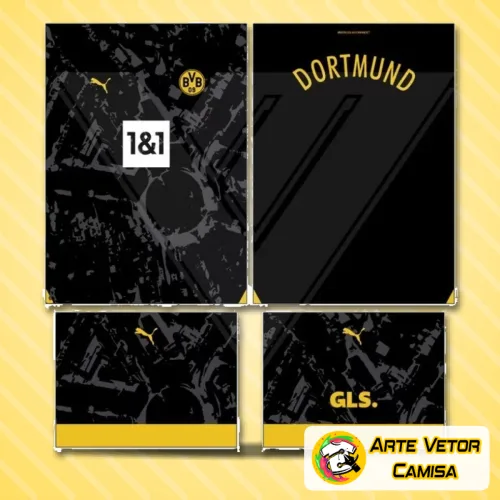 Foto da camisa com logo no peito e estampa grande nas costas, destaque para detalhes vibrantes em amarelo e preto no estilo Borussia Dortmund, perfeito para torcedores apaixonados pelo clube
