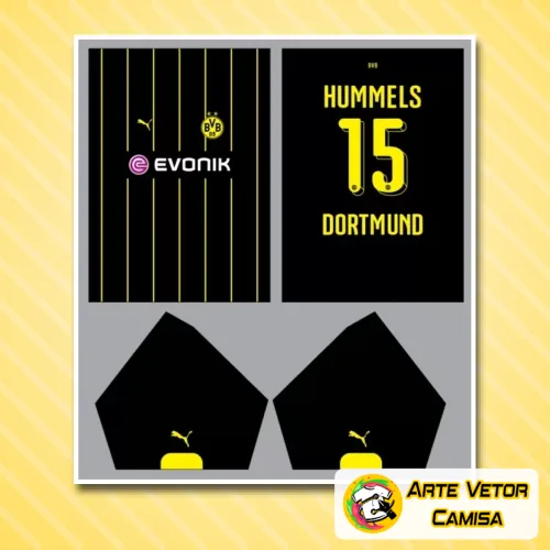 Camisa com logo no peito do Borussia Dortmund e estampa grande nas costas em design moderno e vibrante, com combinação de cores preta e amarela, destacando a identidade do clube de forma elegante.