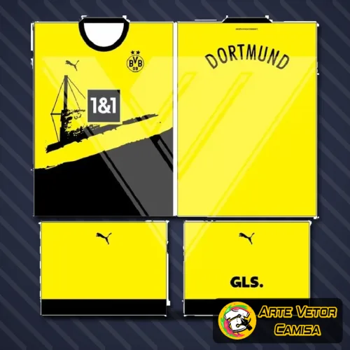 Camisa com logo no peito do Borussia Dortmund e estampa grande nas costas exibindo cores vibrantes e design moderno inspirado no time alemão.