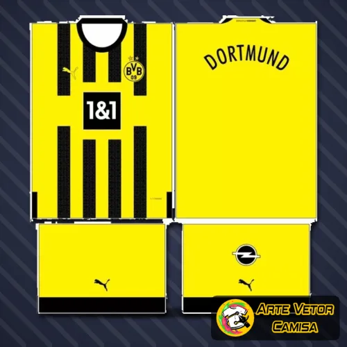 Foto da camisa com logo no peito e estampa grande nas costas, apresentando design moderno e cores vibrantes que remetem ao estilo clássico do Borussia Dortmund, perfeita para fãs e colecionadores.
