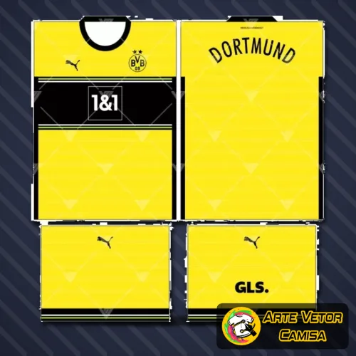 Camisa final com logo no peito e estampa grande nas costas em design moderno e vibrante, inspiração no Borussia Dortmund estilo 14 para fãs do time.