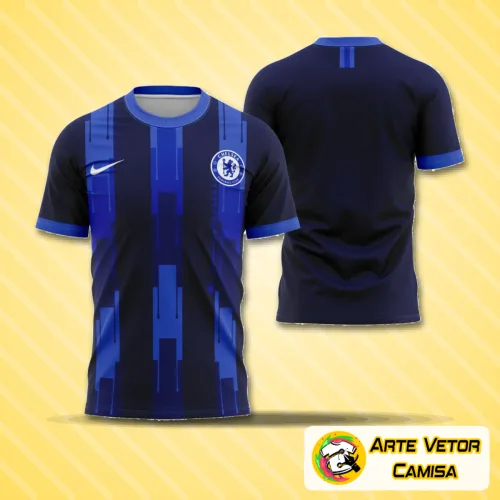 Camisa com logo no peito em destaque e estampa grande nas costas mostrando design moderno do Chelsea, cores vibrantes e estilo contemporâneo.