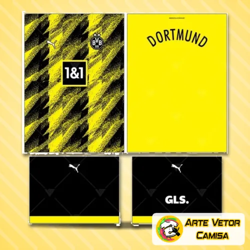 Camisa com logo no peito e estampa grande nas costas, inspirado no Borussia Dortmund, destacando as cores vibrantes e design moderno que remetem ao espírito do time.