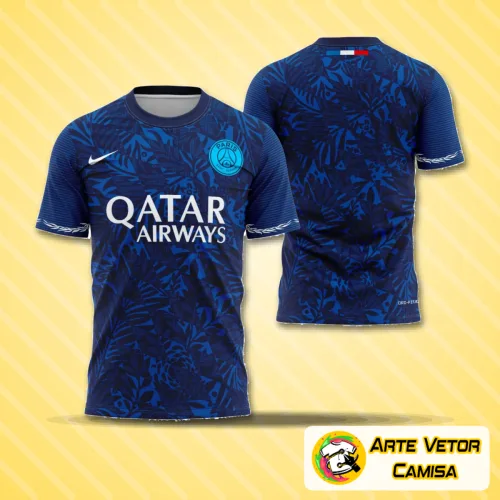 Camisa elegante com logo no peito e estampa grande nas costas, exibindo design moderno e vibrante que destaca a identidade do PSG 2025 com cores e detalhes marcantes para um visual exclusivo.
