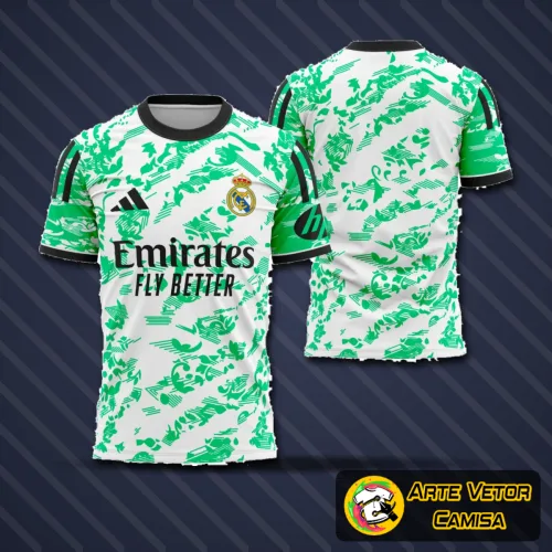 Camisa do Real Madrid com logo no peito e estampa grande nas costas, apresentando design moderno e elegante, destacando detalhes que remetem ao estilo contemporâneo do clube espanhol para 2025.