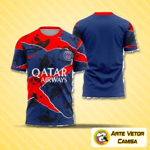Camisa estilizada com logo no peito e estampa grande nas costas em tema de Halloween, com detalhes marcantes e cores vibrantes que destacam a inspiração do PSG 2023 para a data festiva.