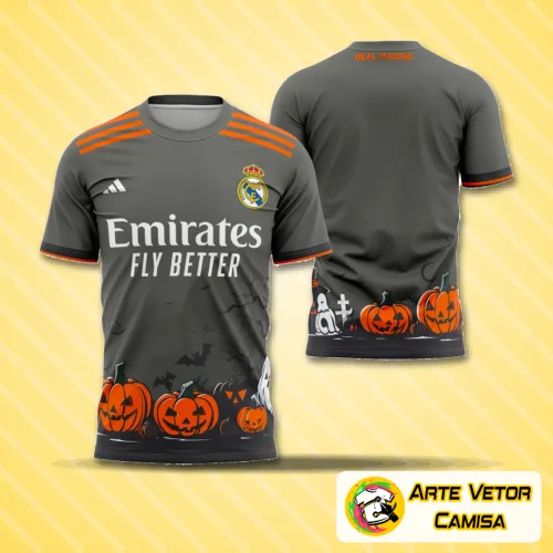 Camisa com logo no peito do Real Madrid e estampa grande nas costas inspirada na temática de Halloween 2025, com visual impactante e design exclusivo que destaca elementos sombrios e modernos.