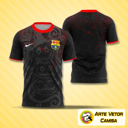 Camisa com logo no peito e estampa grande nas costas mostrando design de Halloween com elementos urbanos e sombrios inspirados em Barcelona 2025, perfeita para quem gosta de estilo único e marcante em suas roupas.