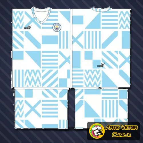 Imagem de camisa com logo no peito e estampa grande nas costas, exibindo design moderno e inspirado no conceito Manchester City 2024, com cores vibrantes e estilo esportivo marcante.