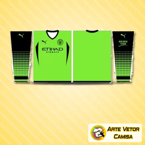 Foto da camisa com logo no peito em destaque e estampa grande nas costas, mostrando design moderno e estilizado inspirado no Manchester City, com cores vibrantes e detalhes que ressaltam o estilo esportivo da peça.
