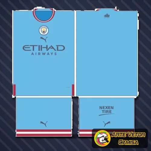 Camisa com logo no peito e estampa grande nas costas exibindo design vibrante e moderno inspirado no Manchester City para 2024, destacando estilo esportivo e visual marcante.