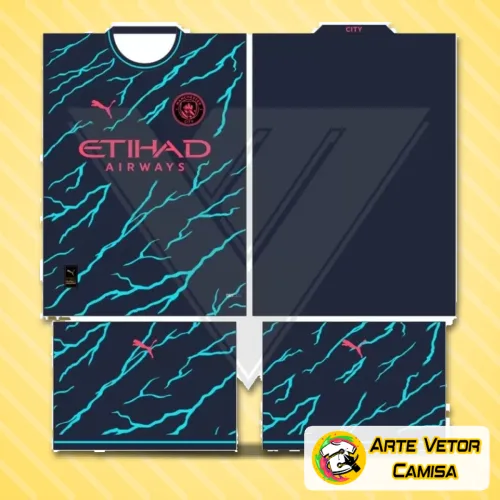 Camisa Manchester City com logo no peito em destaque e estampa grande nas costas em um design moderno e vibrante, ideal para quem valoriza estilo e identidade visual marcante.