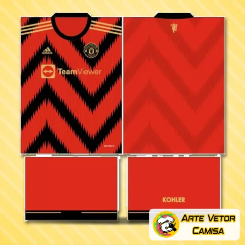 Camisa final com o logo no peito e estampa grande nas costas destacando o conceito moderno e único do Manchester United 2024 em cores vibrantes.